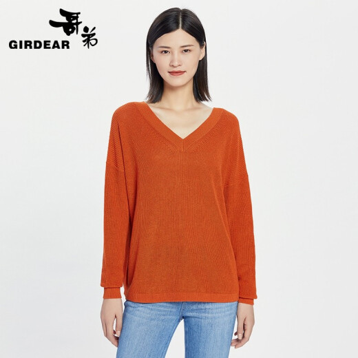[BS] Gedi Women's 2020 Autumn and Winter New Simple Loose Pullover Cotton Silk Sweater Women's Front and Back V-neck Sweater A300769 Orange Red M (3 Codes)