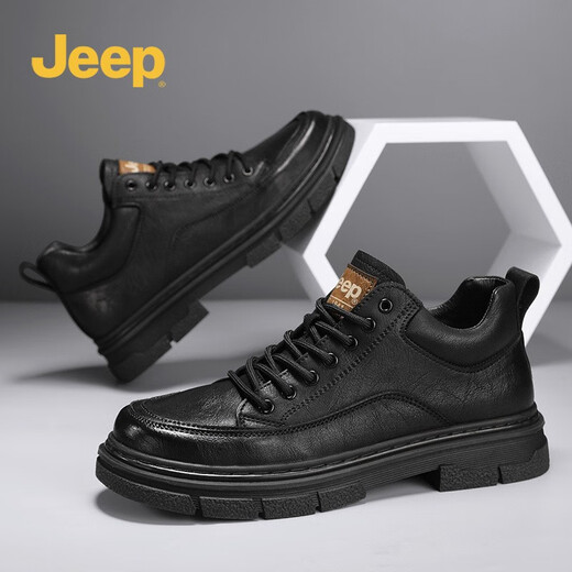 Jeep Herrenschuhe, niedrige Top-Martin-Stiefel 2024 Neuer Winter Britisch-Trendgeschäft Casual Herren dicker Lederschuhe schwarz 41
