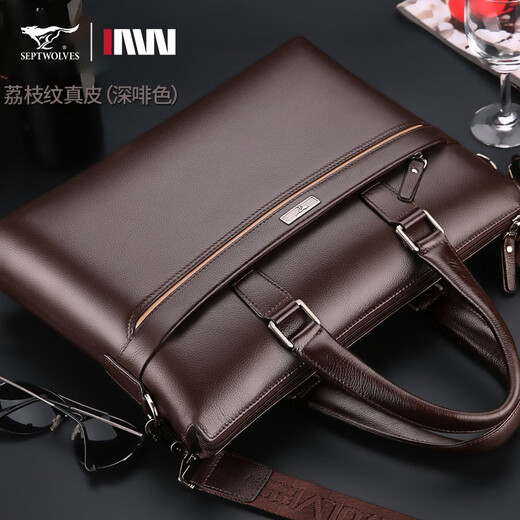 Septwolves Genuine Leather Business Handbag Crossbody Men's Bag Shoulder Bag Men's Cowhide Briefcase Leather Bag for Father's Day Gift Main Picture Litchi Pattern Genuine Leather Dark Brown Genuine Leather
