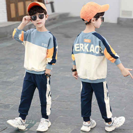 Zemeiyi children's clothing boys' suits spring and autumn 2021 new children's two-piece casual sweatshirt long pants boys small, medium and large children fashion spring style 3-15 years old trendy blue 140 (recommended 126-135cm)