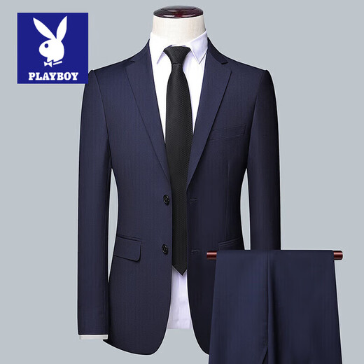 Playboy Suit Men's Business Professional Formal Wear Small Suit Men's Wedding Groom Work Spring Autumn Slim Jacket Men's Double Button Black (Suit + Pants) XL (175)