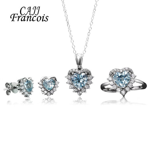 CAJJ Francois aquamarine set, ring, necklace, pendant, earrings, earrings, 925 silver inlaid with natural colored gems, jewelry, aquamarine three-piece set (ring + necklace + earrings)