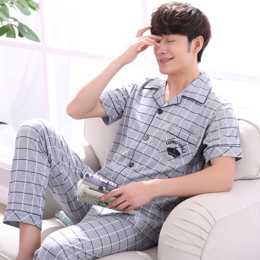 
Kuangmei Pure Cotton Men's Summer Pajamas Short Sleeve Suit Thin Summer Trousers Men's Middle-aged and Elderly Spring and Autumn Style Home 698 XXL (Suggested 160-180Jin [Jin equals 0.5 kg])