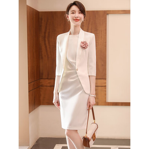 J-ME high-end suit jacket women's dress 2025 spring professional suit temperament five-quarter sleeve suit formal women's work clothes jacket + dress white L 105-115Jin Jin equals 0.5 kg