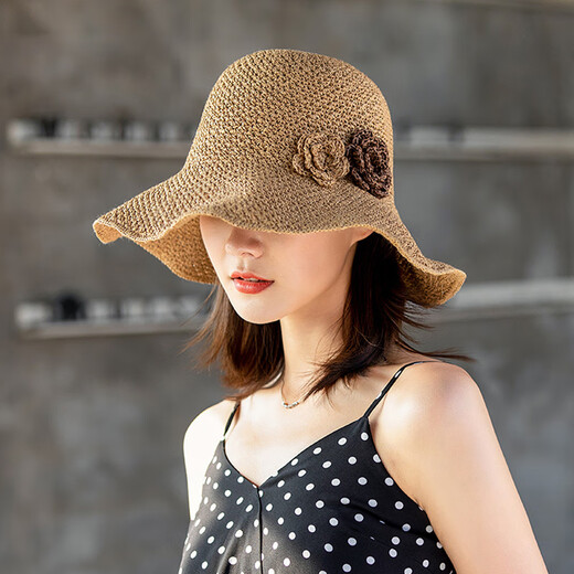 Jiashengxi Strohhut Frauen Sommer faltbarer Strandhut Frauen Urlaubsschutz Hut Frauen koreanischer Stil vielseitiger Sonnenhut Khaki Verstellbar M (55-57 cm)