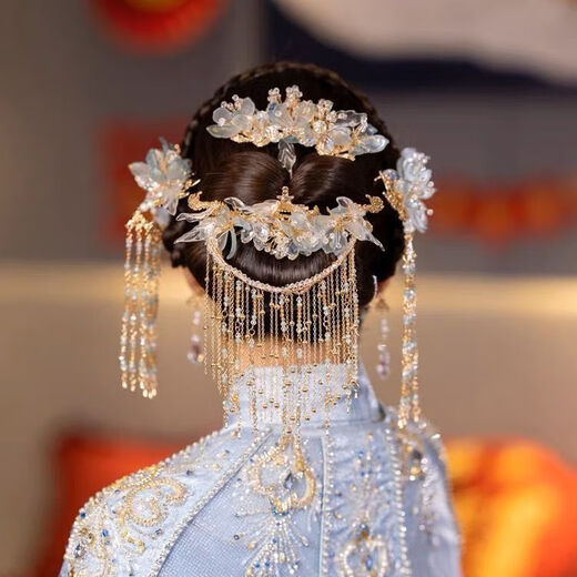 Tongrubi bridal hair accessories Xiuhe clothing headdress wedding bride tassel step shake phoenix crown Chinese wedding dressing gown elegant bow headdress set + ear clip style丨 No tassels