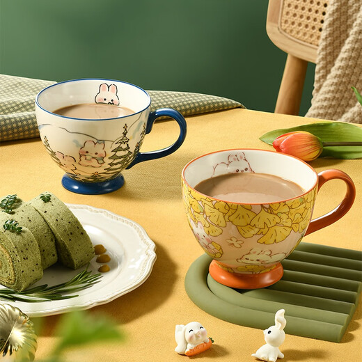 NetEase Selected Pastoral Hand-painted Series Oatmeal Cup Mug Breakfast Bowl Ceramic Water Cup Tea Cup Coffee Oatmeal Summer Flower Rabbit-400ml
