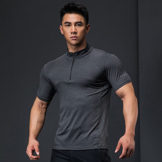 Lutie Dog Fitness Wear Short Sleeve Men's Stand Collar POLO Slim Fit Muscle Showing Quick Drying Breathable High Elastic Coaching Wear T-Shirt Black L