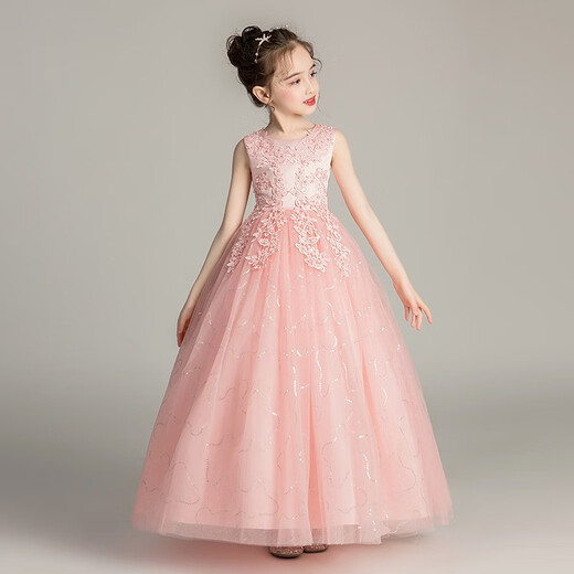 Dev Ake Vestido para niños Girl Falda Princesa Falda Anfitrión de piano de alta gama Vestido de noche Vestido de noche Boda de verano Big Boy BX683 Rosa sin mangas largas 160 (recomendado 71-85 Jin [Jin iguala 0.5 kg])