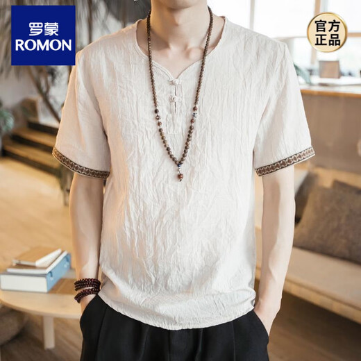 Romon Chinese Style Herren-gestickte Leinen-T-Shirt-T-Shirt-Kurzärärmel-Lose Lose großgröße dünner Casual Schnalle Retro-Baumwolle und Leinen Top 686 Navy Blue 3xl 160jin [Jin ist 0,5 kg]