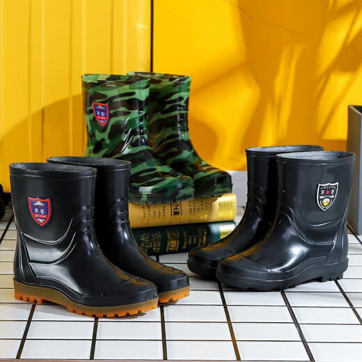 Daohuatu Jundeng mittlere Röhrchen Regenschuhe Arbeit Schutz für Herren Rindfleisch Sehne Sohle Kear-resistente Nicht-Rutsch-Plus-Samtwasserstiefel Konstruktionsstelle Kleber Kurzmittel mittelgroß