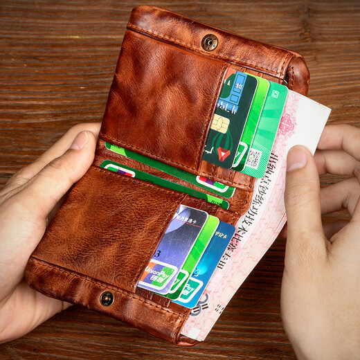 Slow Time Retro Handmade Leather Wallet Men's Driver's License Pack of Top Layer Vegetable Tanned Cowhide Short Wallet Multi-Function Card Pack Deep Brown
