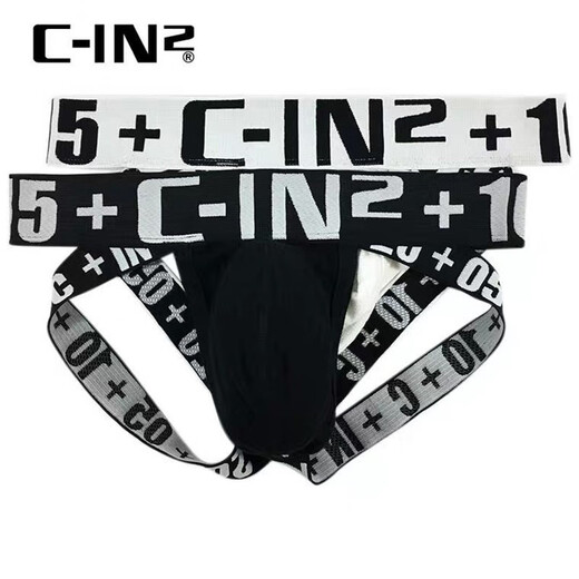 OEING men's cin2 underwear double thong low-waisted sexy hip-exposing youth gay butt-lifting sexy men's thong 1 pair black L