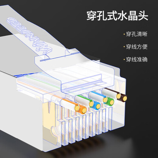 万级（OFNPFTTH）六类水晶头通孔式100个装 RJ45屏蔽网线接头8p8c 穿孔式CTA6类千兆镀金网络连接器WJ-15254
