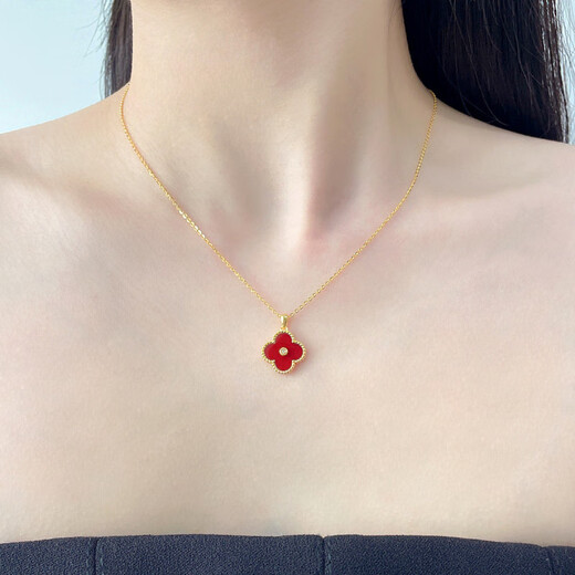 18K gold four-leaf clover diamond pendant rose gold color gold pendant au750 gold chain set birthday gift for girlfriend red agate 18K gold rose gold (single pendant)