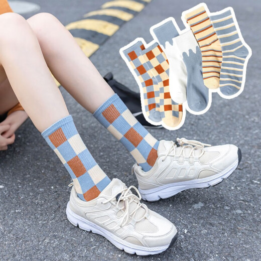 6 pairs of spring and autumn Korean college style personality ins women's socks mid-calf socks female Japanese student long socks pile socks four seasons versatile blue plaid socks striped mixed color 6 pairs