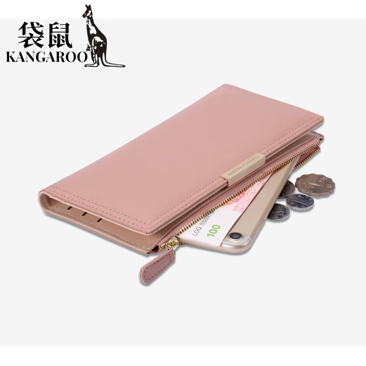袋鼠（KANGAROO）钱包女士时尚韩版长款钱包多卡位拉链袋女钱夹手拿包钱包 浅灰色