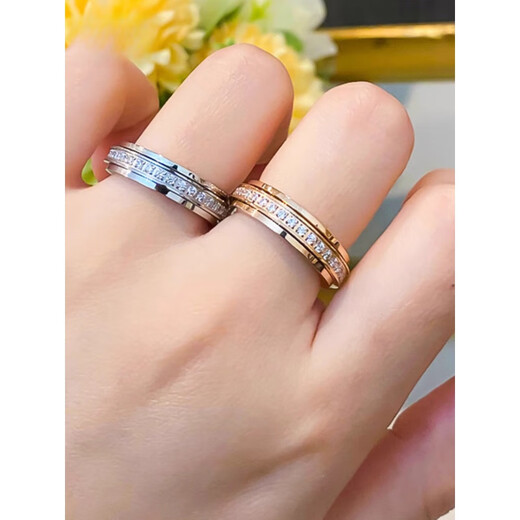 Fat Donglai's same 18K rotatable ring, rose gold, platinum and diamonds, double circle full of stars for couples, a pair of rose gold - full diamonds + seven diamonds, 4.8mm, US size 10