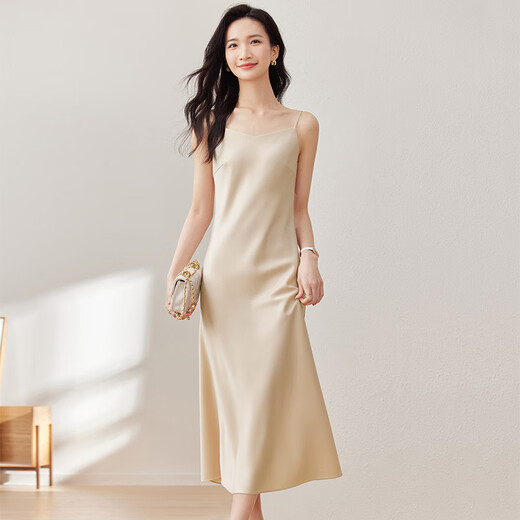 Shangdubila summer temperament V-neck commuting suspender dress with high-end shiny sexy pure and pure skirt Champagne color L