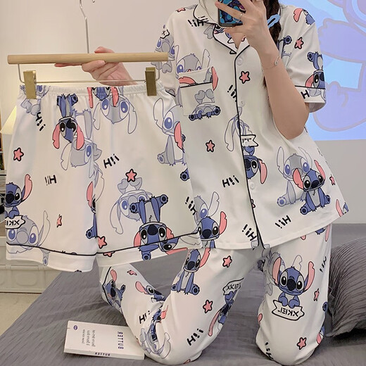Puntada pijama de tres piezas para mujeres pantalones cortos pantalones pantalones algodón de algodón 2025 Nuevo estudiante lindo dibujos animados 14132# set de tres piezas que lleva a sombrero M 80-100Jin [Jin es igual a 0.5 kg]