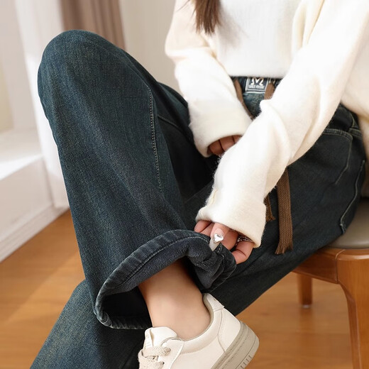 唐晓笙高中初中生加绒加厚牛仔直筒裤女冬季少女宽松中学生松紧腰阔腿裤 9926#水泥灰 L L