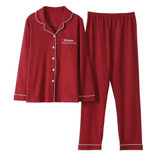 An Guifen pajamas for women in spring and summer pure cotton long-sleeved cardigan lapel set autumn new Korean version sweet solid color comfortable casual home loose plus size fat MM young ladies home clothes 9901 gem red L