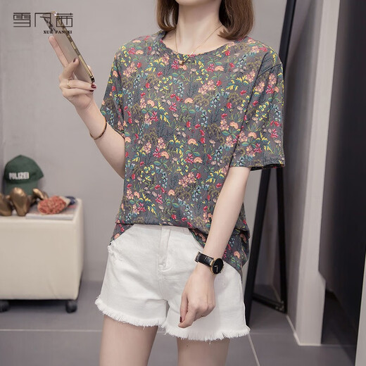 XUE FANXI (XUEFANXI) 2025 Sommersaison New Style Blumenstil kurzärmelig T-Shirt Frauen lose halbärmelige T-Shirt-Baumwollmantel-Top 9731 Blue L schlägt 95-115jin vor [Jin gleich 0,5 kg]