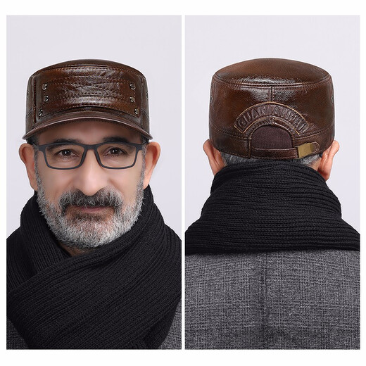 Fashion style kangaroo middle-aged cowhide hat men's winter ear protection genuine leather duck tongue flat hat winter warm thick style gift gift dad cowhide dark brown color single size adjustable hat (head circumference 55-60cm)