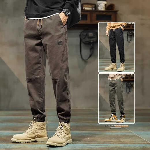 
JEANSWEST casual pants for men 2025 spring and autumn new elastic waist tying loose sport nine-part trousers summer men 689 military green regular XL 130-150Jin [Jin equals 0.5 kg]