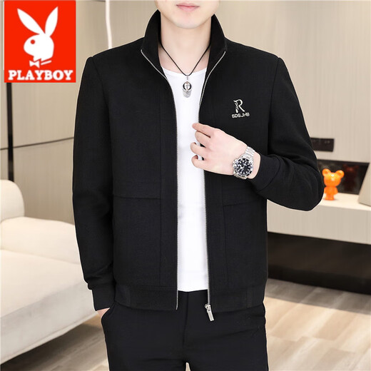 Playboy (PLAYBOY) men's new stand-up collar jacket zipper shirt top spring and autumn casual fashion Korean style youth handsome handsome boy jacket 2687 black L