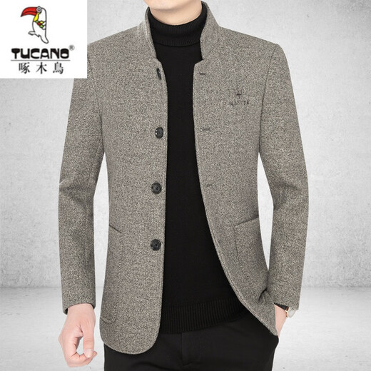 Woodpecker (TUCANO) high-end men's woolen jacket for men 2023 autumn and winter new stand-up collar thickened woolen coat dad wear black gray cotton style XL 180 suitable for 140-155Jin Jin equals 0.5 kg