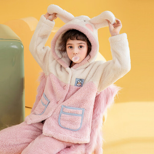 Fenton Pajamas Girls Autumn and Winter New Parent-child Hooded Nanfu Puff Girls Home Clothes Children's Pajamas Set 1 Sakura Pink 140