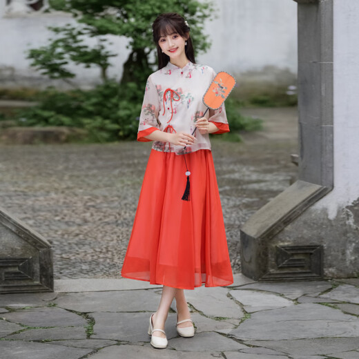 闻莺燕夏季改良汉服成人女新中式国风喇叭袖衬衫文艺半身裙演出游套装 9764美人套装 L