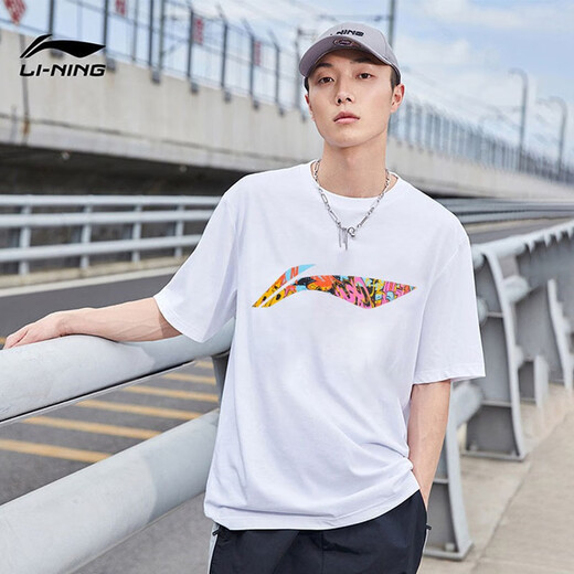 李宁（LI-NING） T恤短袖男女纯棉新款夏季情侣装黑半袖女生宽松上衣文化衫休闲T 693白色 S/165