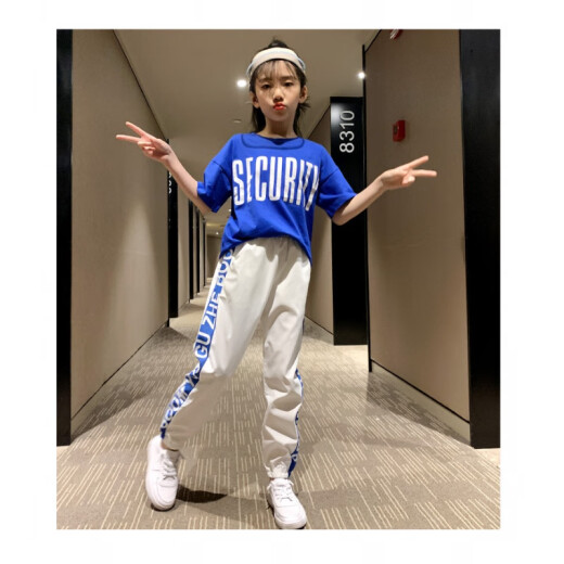 Huala Cat Children's Clothing Girls Suit Summer Loose Clothes 4-16 Years Old Children Girls Short-Sleeved Pants Casual Two-piece Sports Blue and White 150 (recommended height is around 145)