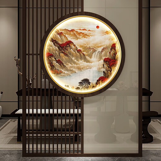福宁公馆隔断双面装饰画屏风画新中式入户门玄关发光壁画山水画圆形带灯画 组合5（736 | 735） 直径80cm 遥控接电源