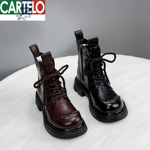 CARTELO leather Martin boots for women 2024 new autumn British style European products ins trendy slim thick-soled short boots burgundy (added velvet style) 38
