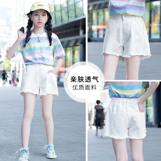 小猪彼特（PIG&PETER）女童白色短裤夏季外穿儿童洋气裤子夏款薄款女孩夏装牛仔裤中大童 1429白色+3431粉色【短袖套装】 130 cm
