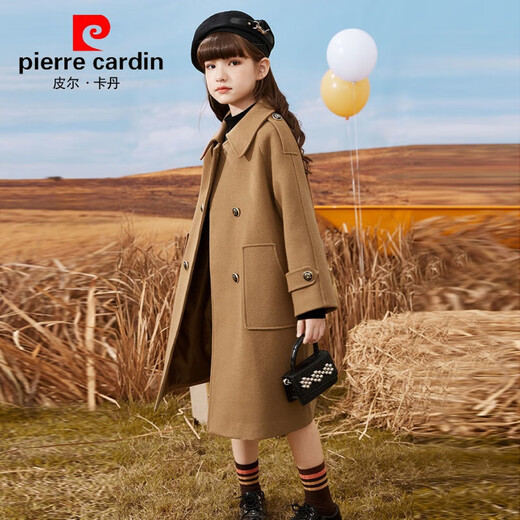 Pierre Cardin Girls' Woolen Coat with Cotton Children's Woolen Coat Mid-Length Autumn and Winter New Style for Big Children Western Girls Prep Style Milk Tea Color 120cm