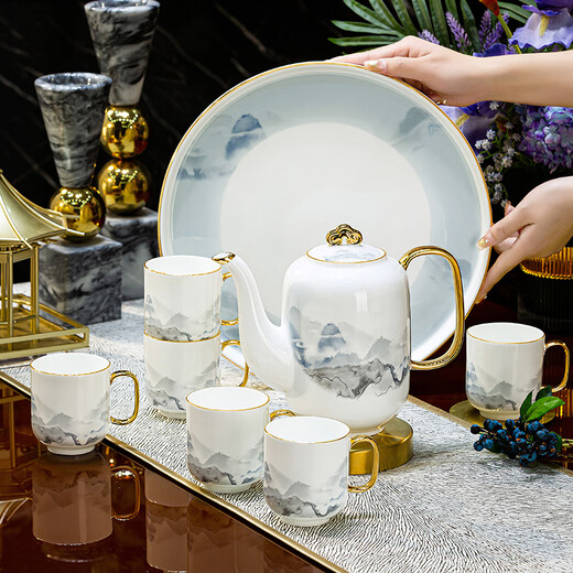 Han Ming new Chinese style tea set complete set for housewarming gift Jingdezhen water cup teapot living room household high-end ceramic cup set high-end bone china tea set 8-piece gift box