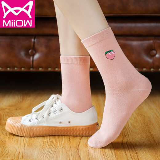 Catman 5 pairs of women's socks, women's winter mid-calf sports comfortable and breathable casual women's socks, women's cotton socks, mid-calf socks, solid color combed cotton, fruit embroidery, one size fits all