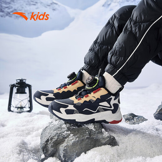 ANTA (ANTA) Children's Cotton Shoes Boys 2026 Spring Velvet Warm Knob Button Snow Anti-Slip Casual Two-Cotton Boots Blue/Sky Blue/White 9902H-3 28