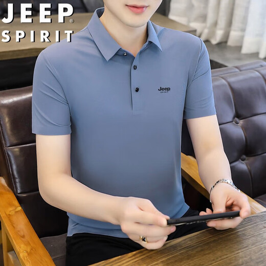 JEEP吉普短袖T恤男夏季冰丝POLO打底衫宽松透气翻领衣服男装团购定制 黑色 XL【建议130-145斤】