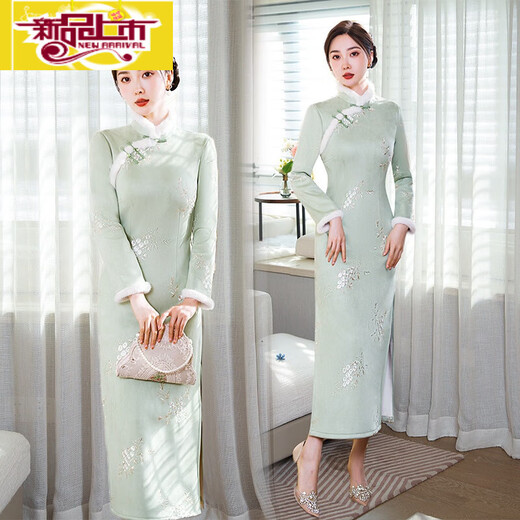 Initial diameter plus velvet and thickened cheongsam 2025 new autumn and winter young style improved retro long-sleeved long style women's pink warm pink velvet and thickened M 85-100Jin Jin equals 0.5 kg