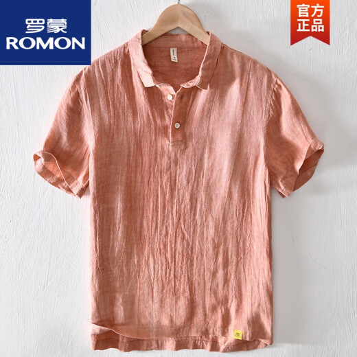 罗蒙（ROMON）中国风亚麻翻领短袖t恤男有带领麻布男装棉麻料T宽松衬衫领上衣服 msp795卡其色 2XL 175斤左右