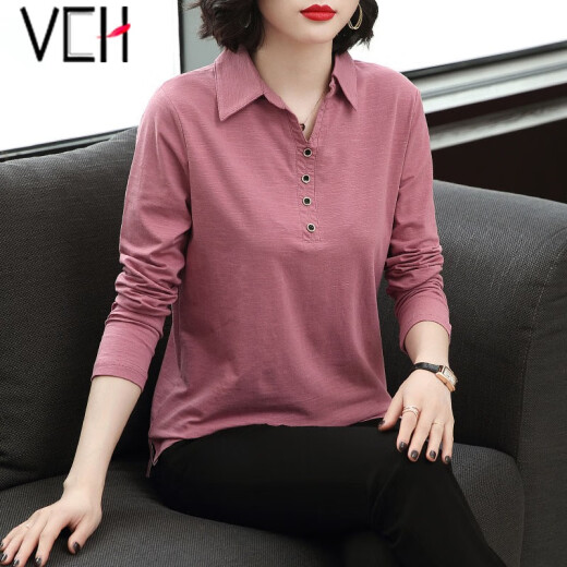 VCH long-sleeved T-shirt women's 2021 spring new fashion Korean solid color simple top temperament commuting casual POLO collar western style shirt 8339 purple M