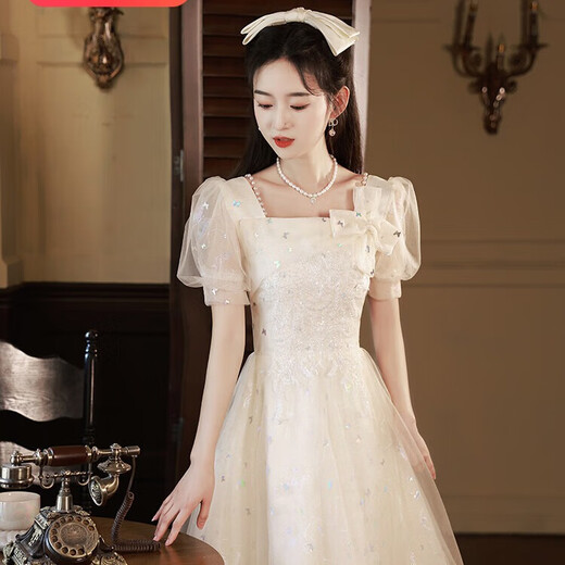 Li Baixin champagne color evening dress for women 2025 new light luxury niche high-end high-end dress gauze skirt graduation adult ceremony champagne color L recommended 100-110Jin Jin equals 0.5 kg