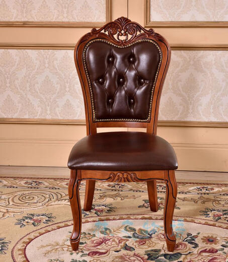 Double-strength European-style chair, leather dining chair, solid wood carved office desk chair, computer chair, neoclassical American leisure chair, coffee table chair, imitation leather/without armrests