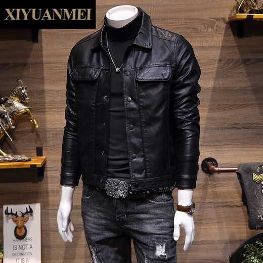 Nishihara Beauty Fashion Brand Leather Jacket for Men Spring and Autumn Korean Style Trendy Lapel Handsome Casual Slim Motorcycle Leather Jacket FD6874 Black Velvet M
