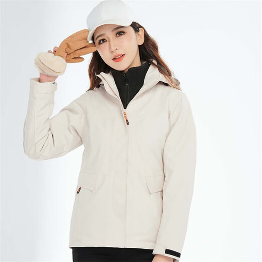 BRELRMON韩版冲锋衣女男防风户外防寒三合一保暖可拆卸滑雪登山服夹克外套 HS12805米白-女 S
